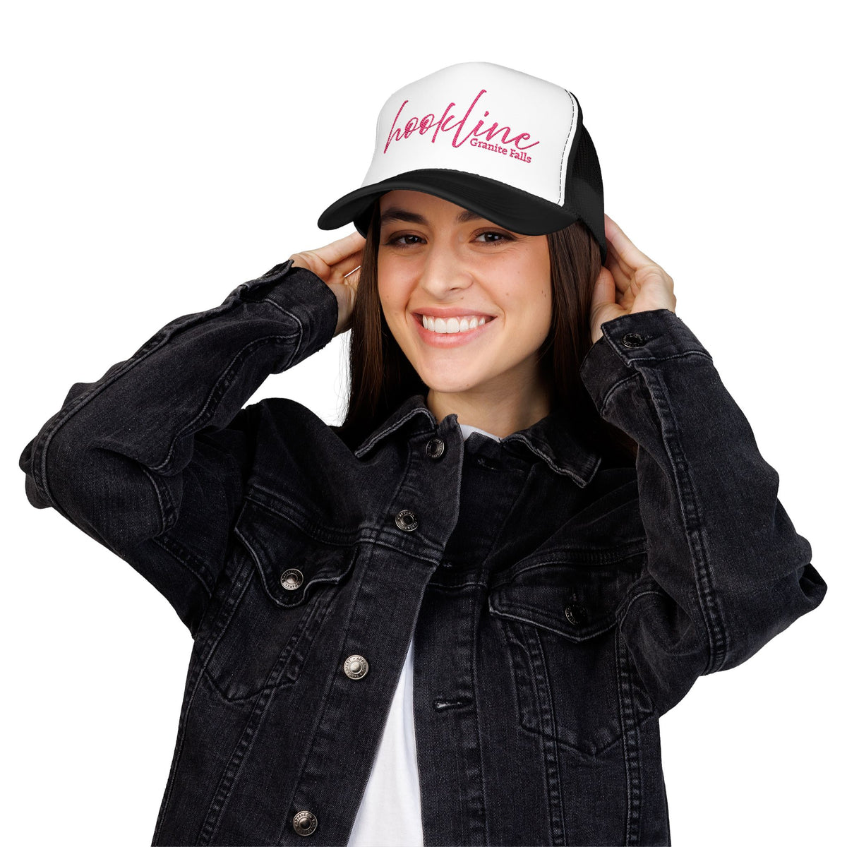 Hookline Granite Falls Trucker Hat — Retro Pink Script Foam Cap