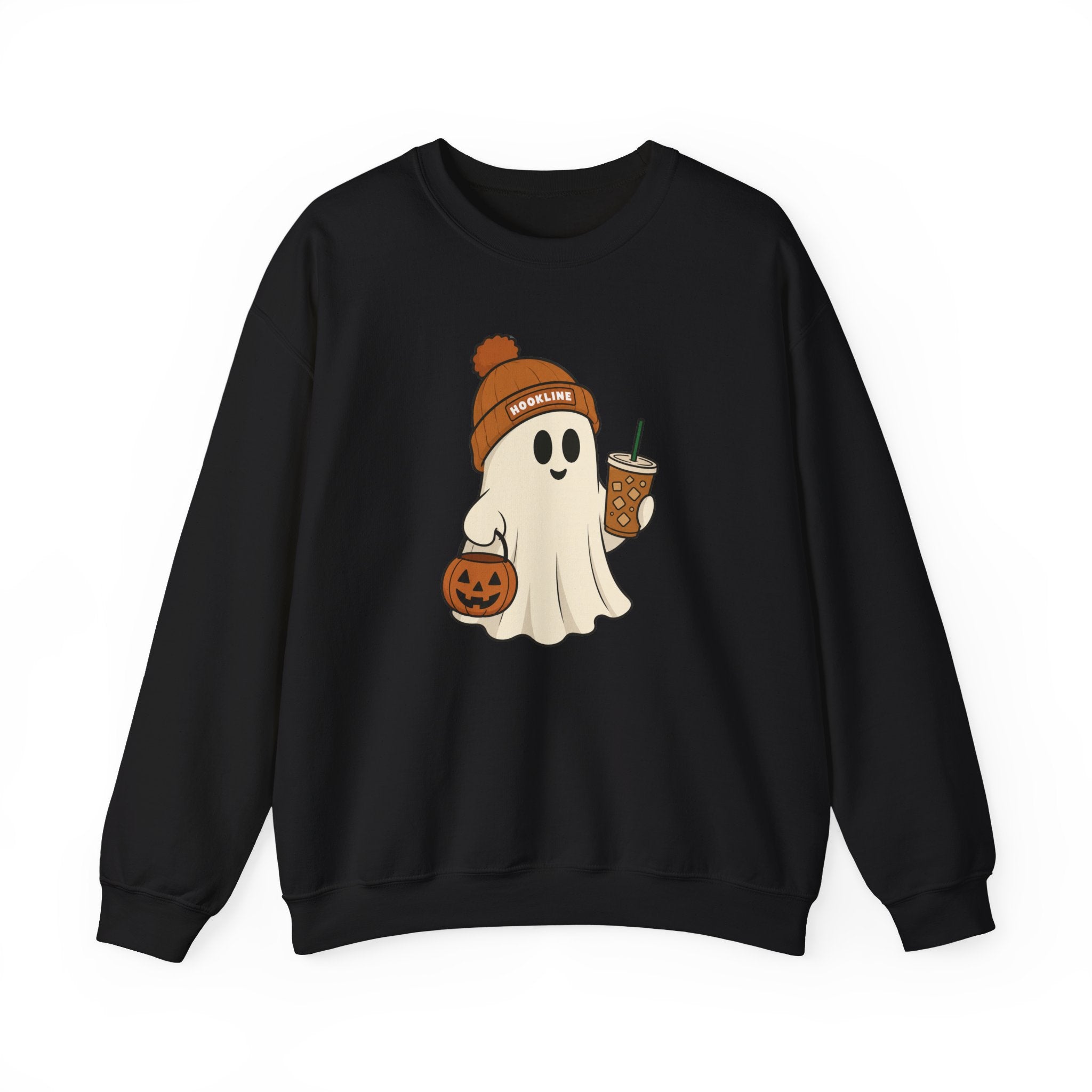 Halloween Ghost Sweatshirt — Cute Ghost with Pumpkin & Coffee Crewneck