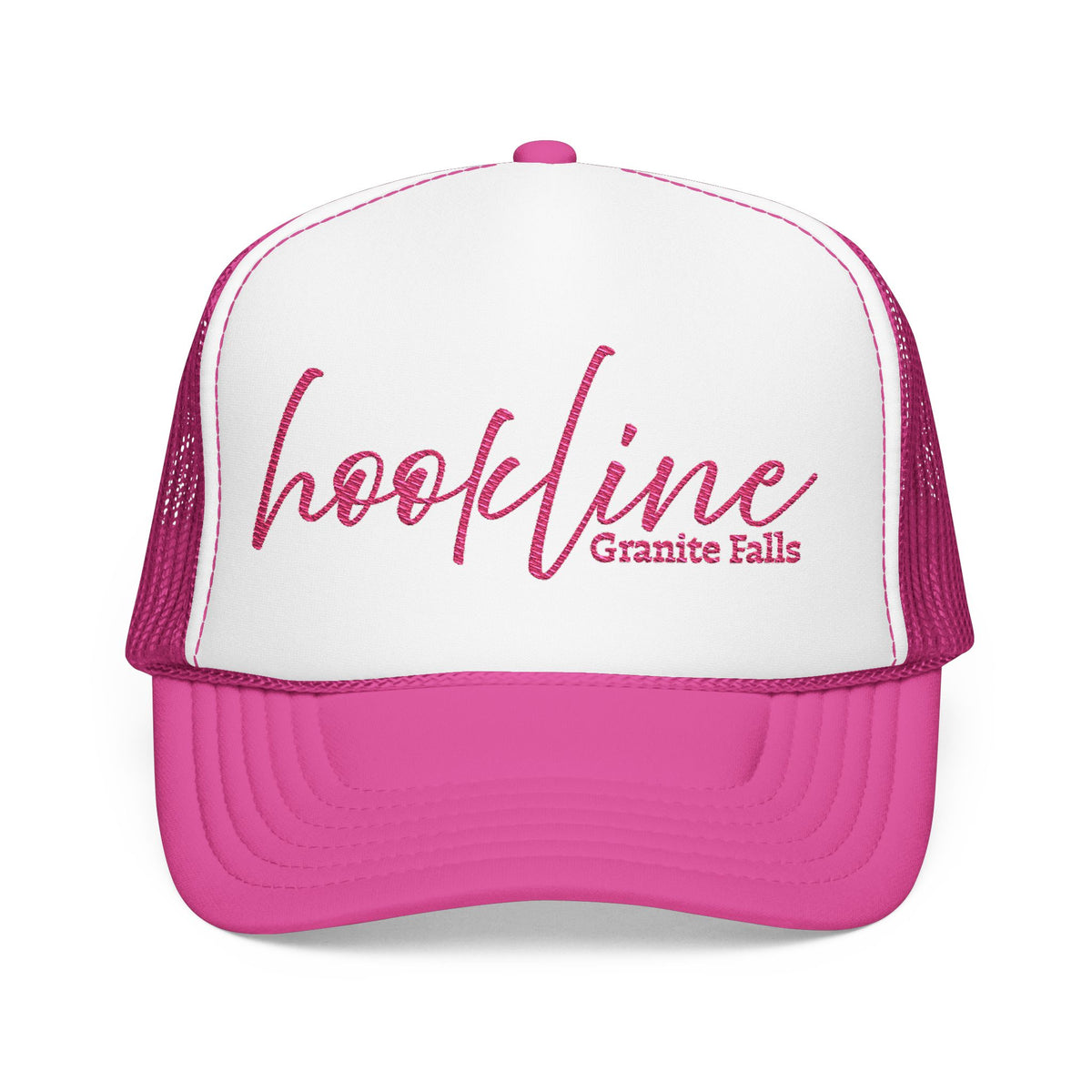 Hookline Granite Falls Trucker Hat — Retro Pink Script Foam Cap