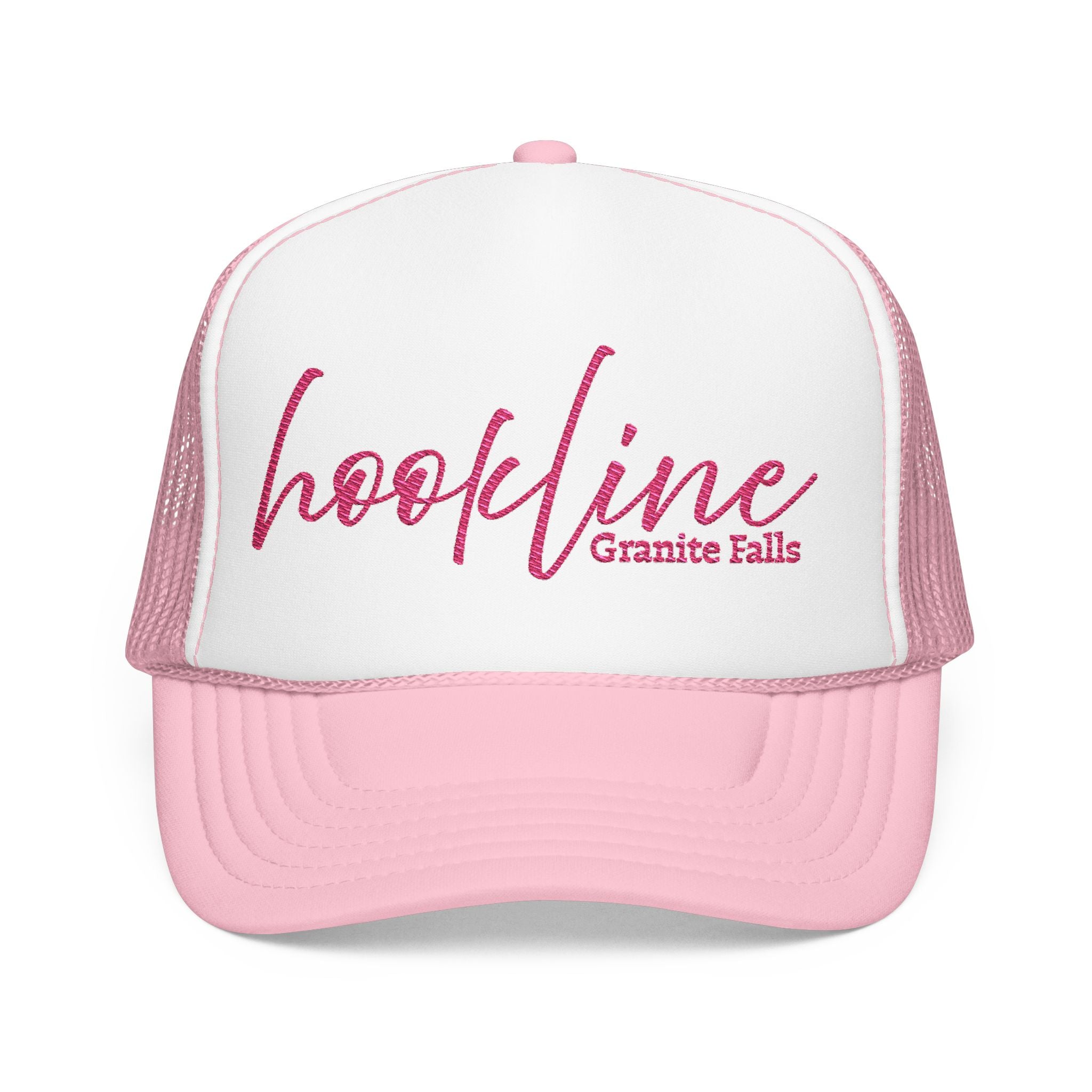 Hookline Granite Falls Trucker Hat — Retro Pink Script Foam Cap