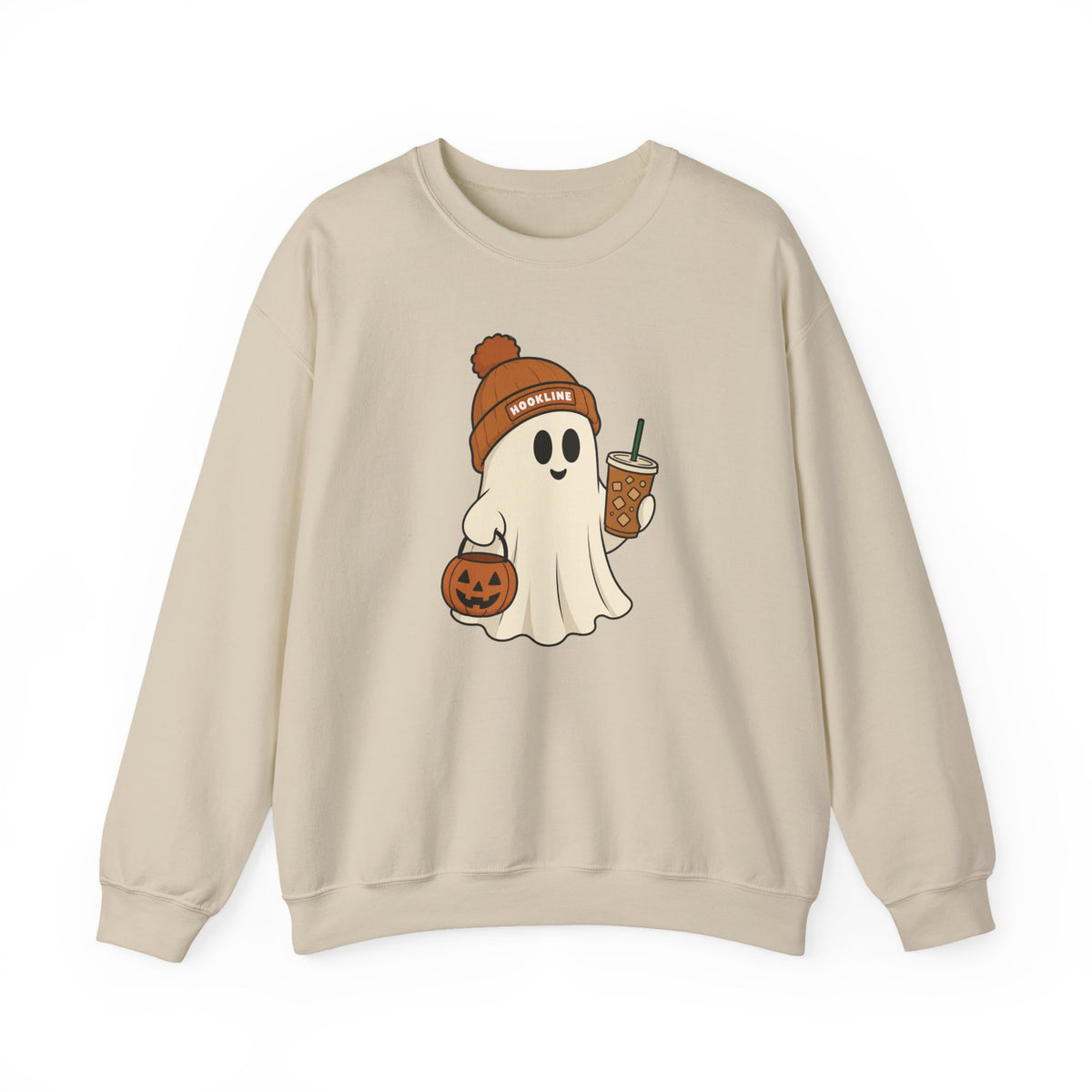 Halloween Ghost Sweatshirt — Cute Ghost with Pumpkin & Coffee Crewneck