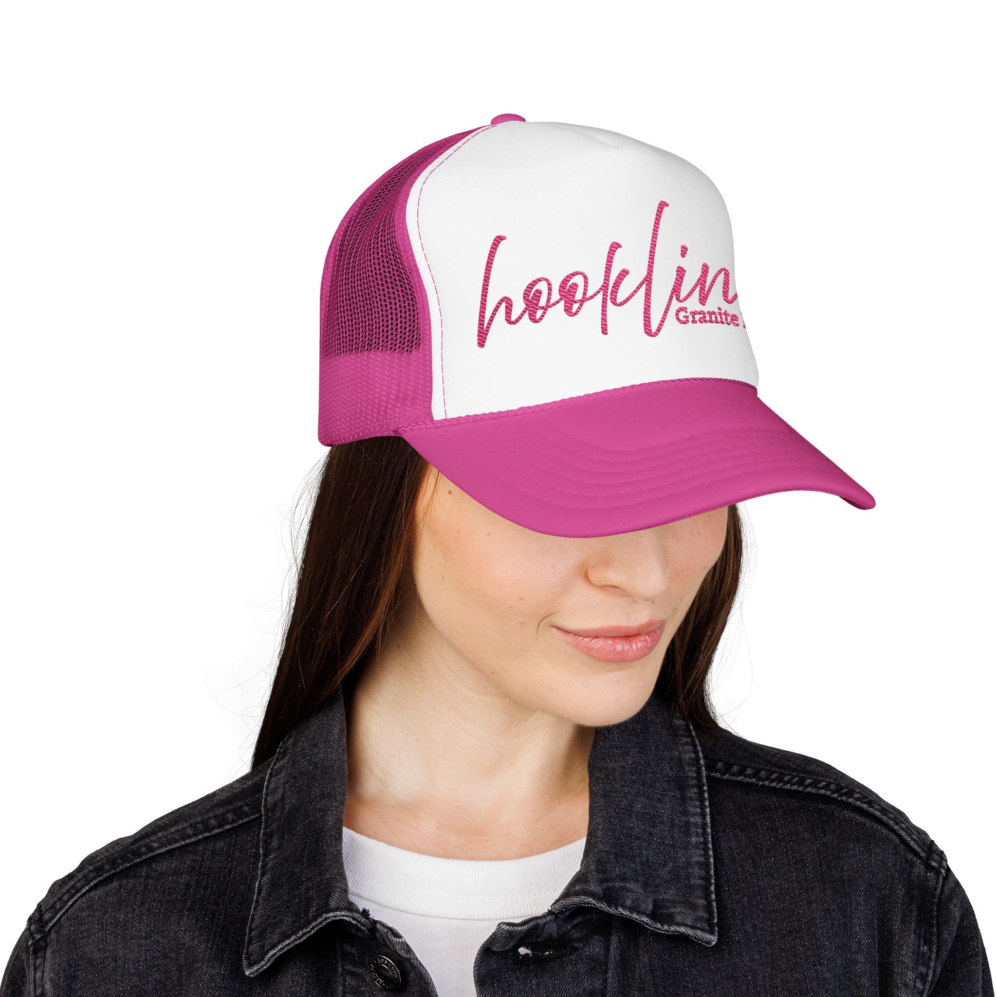 Hookline Granite Falls Trucker Hat — Retro Pink Script Foam Cap