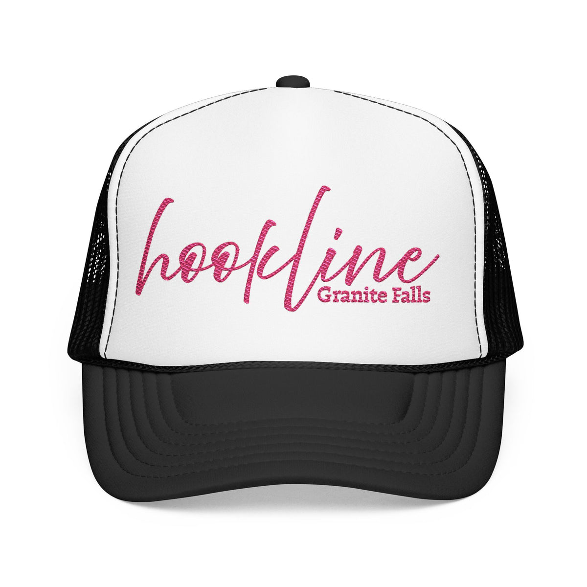 Hookline Granite Falls Trucker Hat — Retro Pink Script Foam Cap