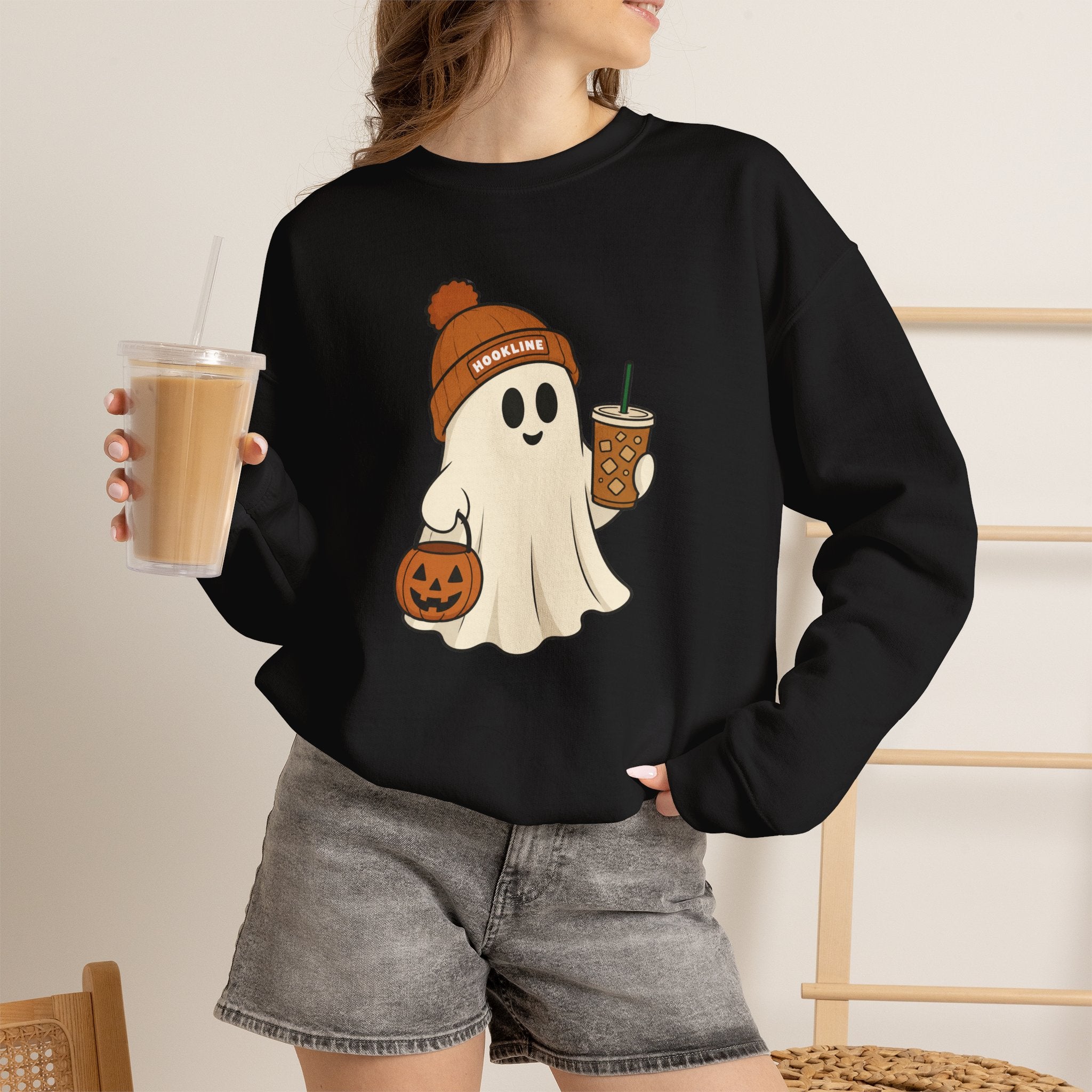 Halloween Ghost Sweatshirt — Cute Ghost with Pumpkin & Coffee Crewneck