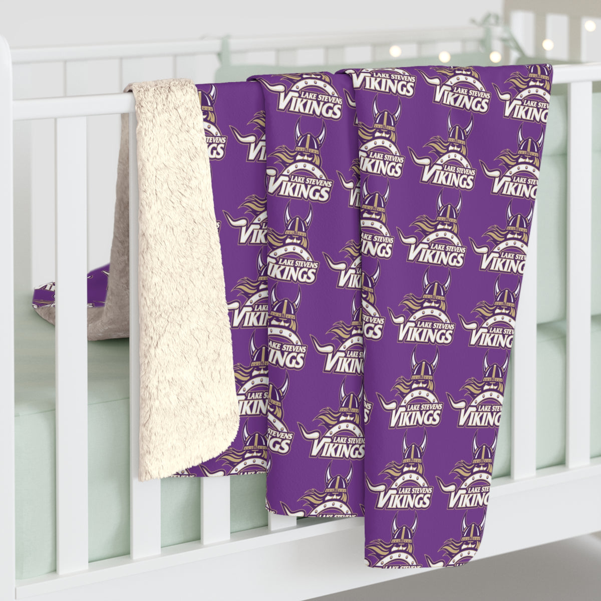 Lake Stevens Sherpa Fleece Blanket — Purple Vikings Repeat Logo Cozy Throw
