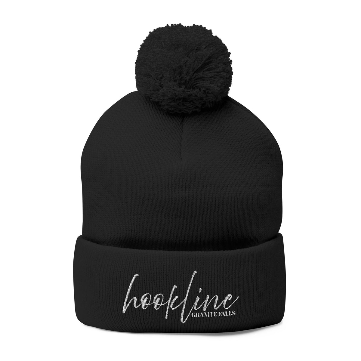 Embroidered Pom-Pom Knit Cap — 'hookline' Script Beanie, Cozy Winter Hat