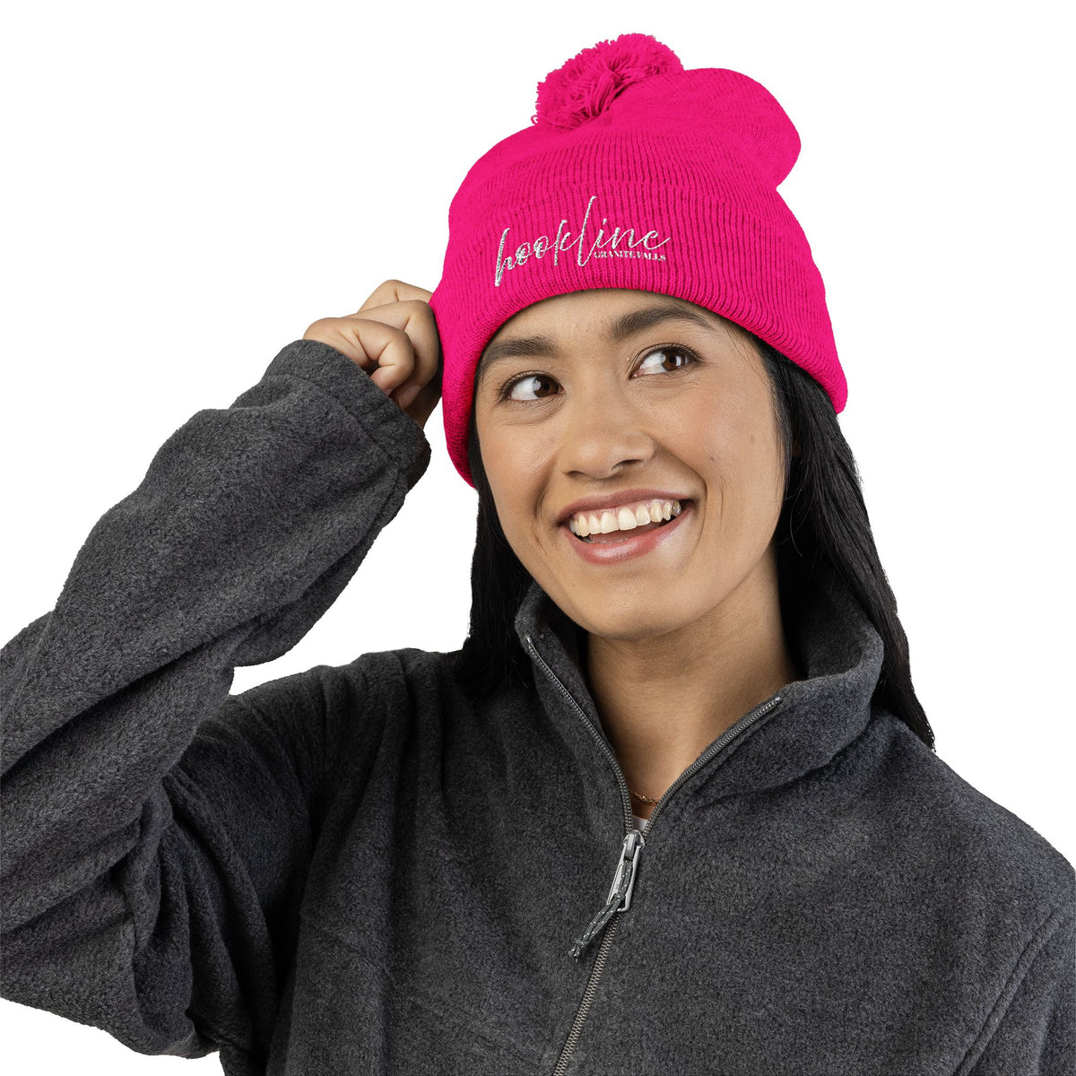 Embroidered Pom-Pom Knit Cap — 'hookline' Script Beanie, Cozy Winter Hat