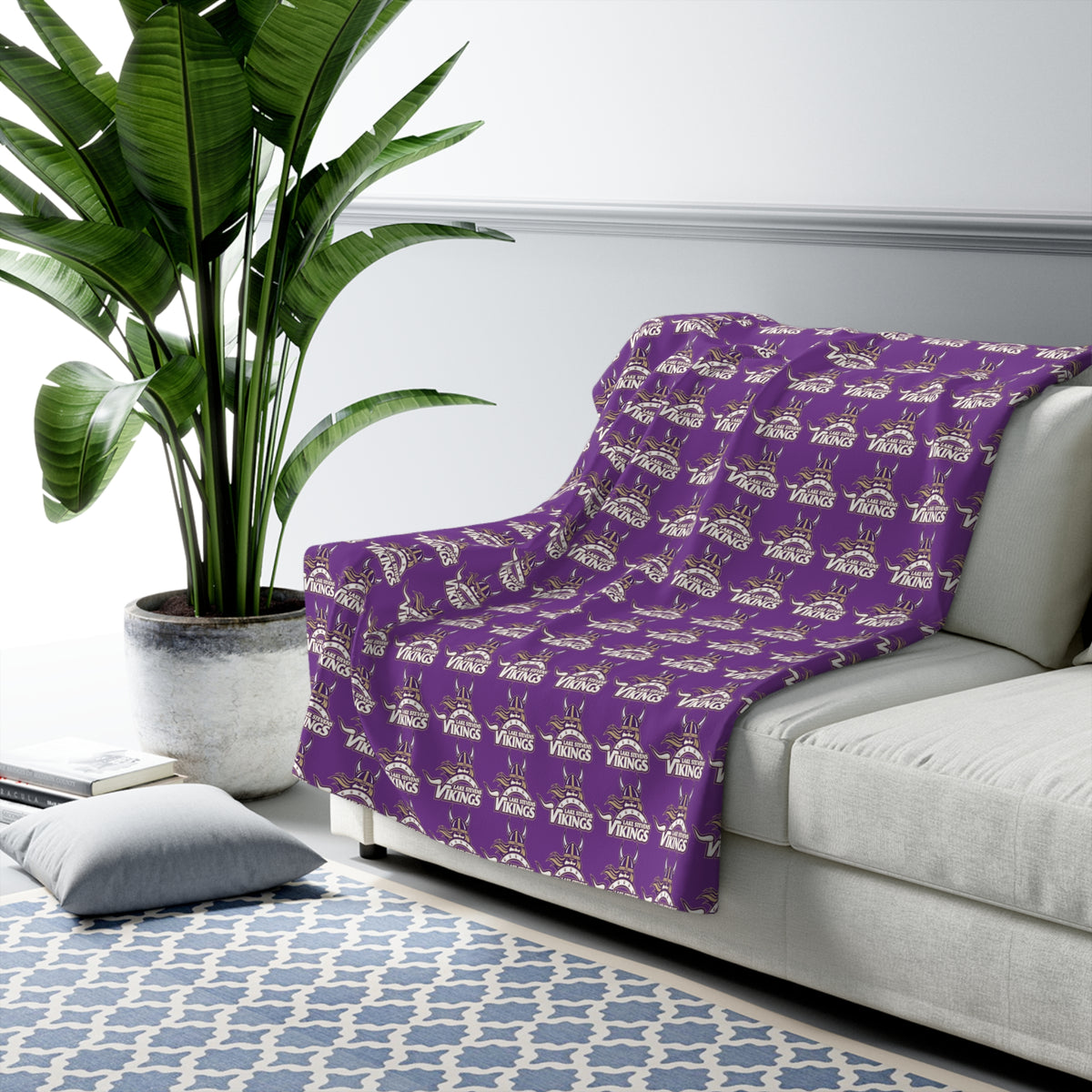 Lake Stevens Sherpa Fleece Blanket — Purple Vikings Repeat Logo Cozy Throw