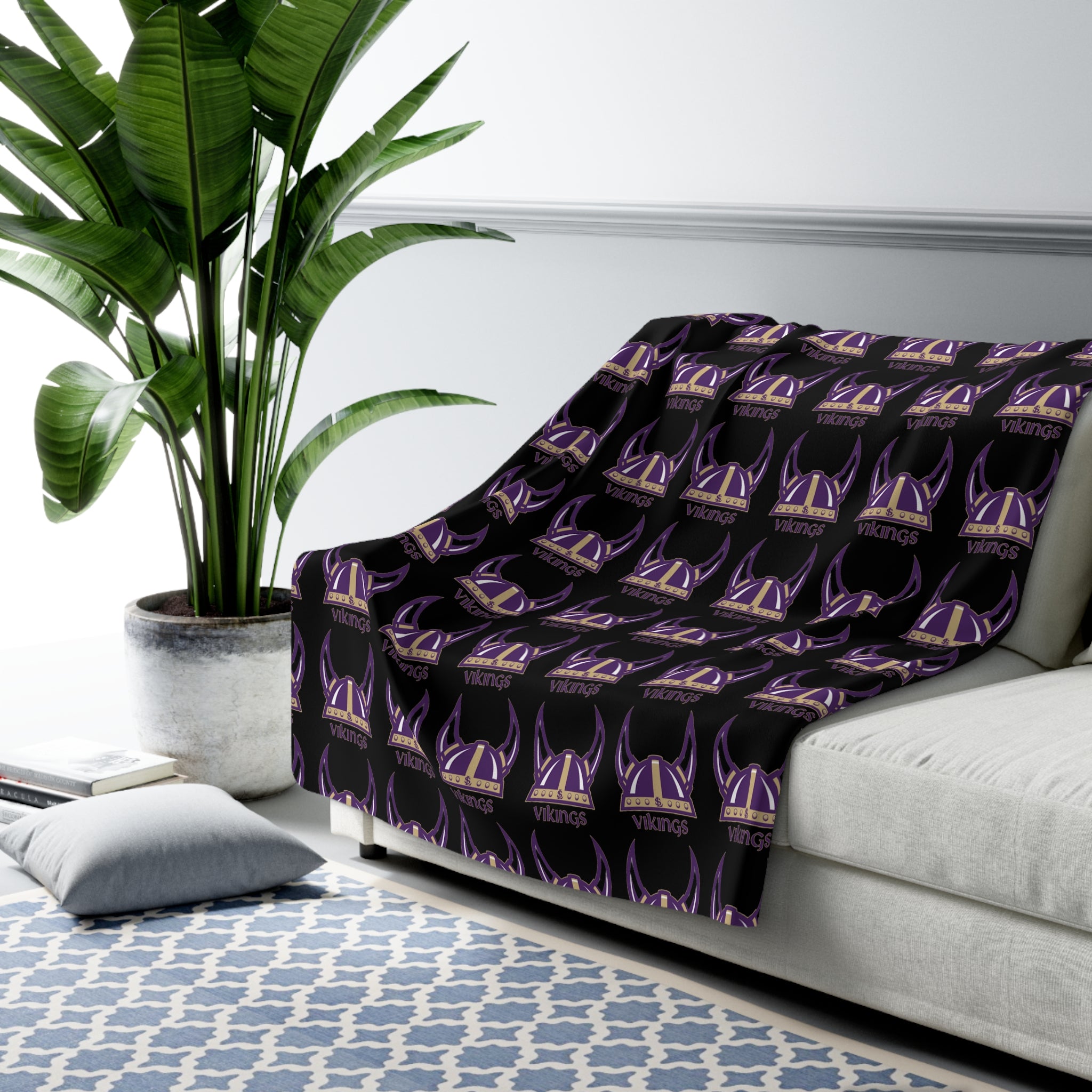 Lake Stevens Sherpa Fleece Blanket — Black Vikings Repeat Logo Cozy Throw