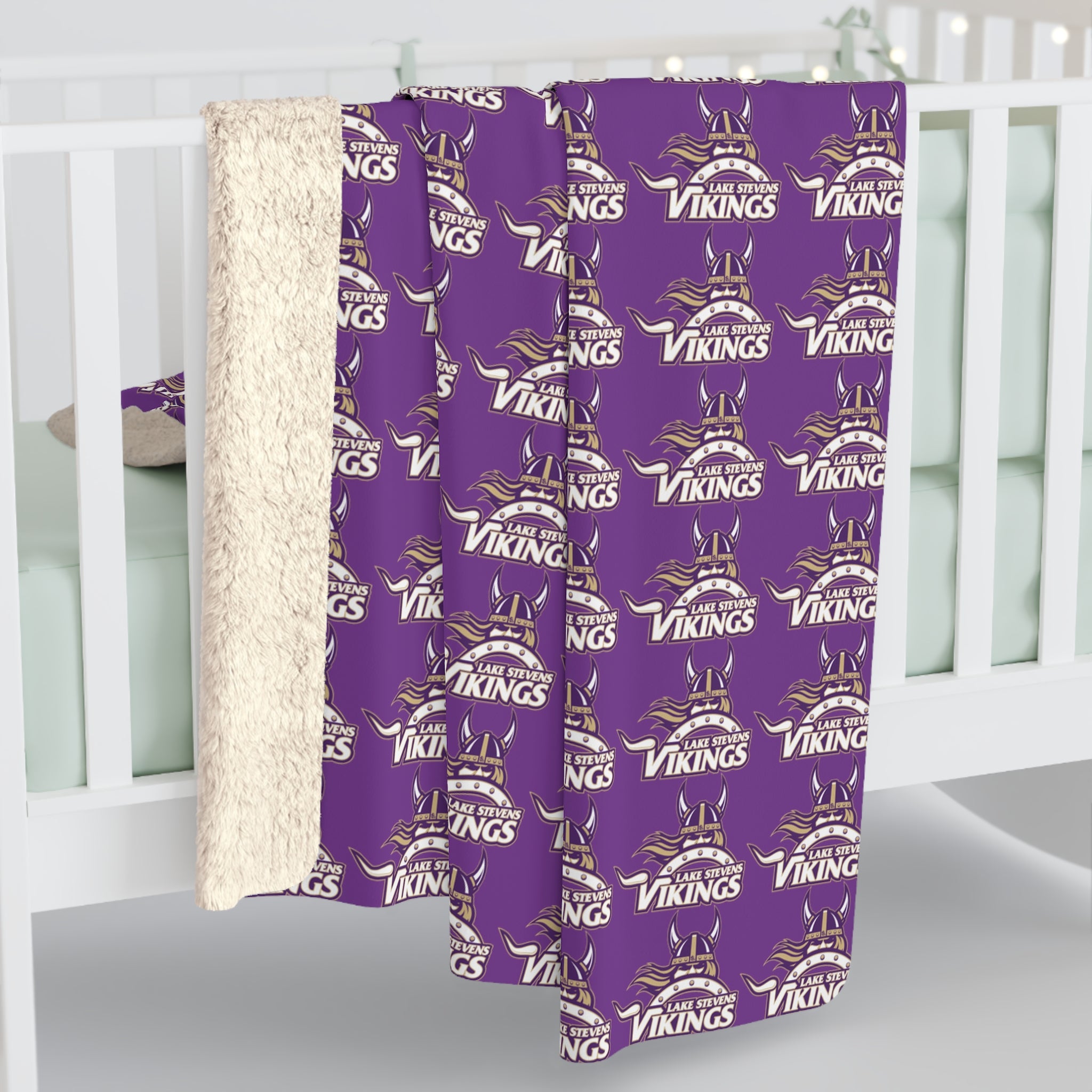 Lake Stevens Sherpa Fleece Blanket — Purple Vikings Repeat Logo Cozy Throw