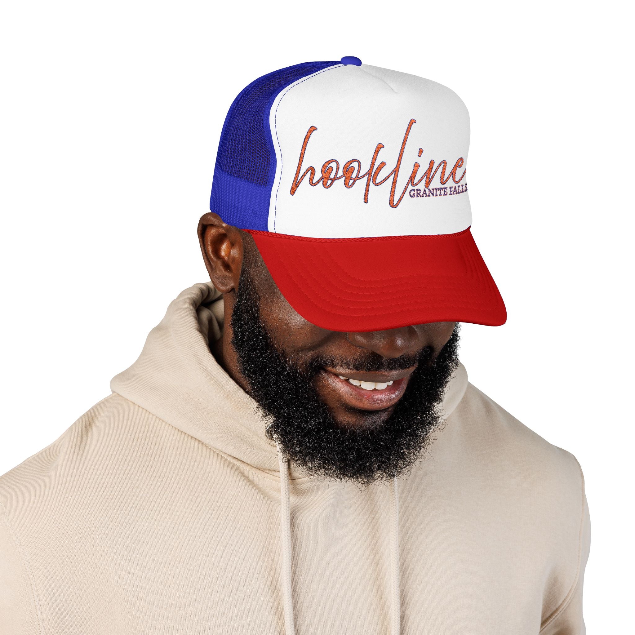 American Hookline Trucker Hat — Retro USA Script Foam Cap