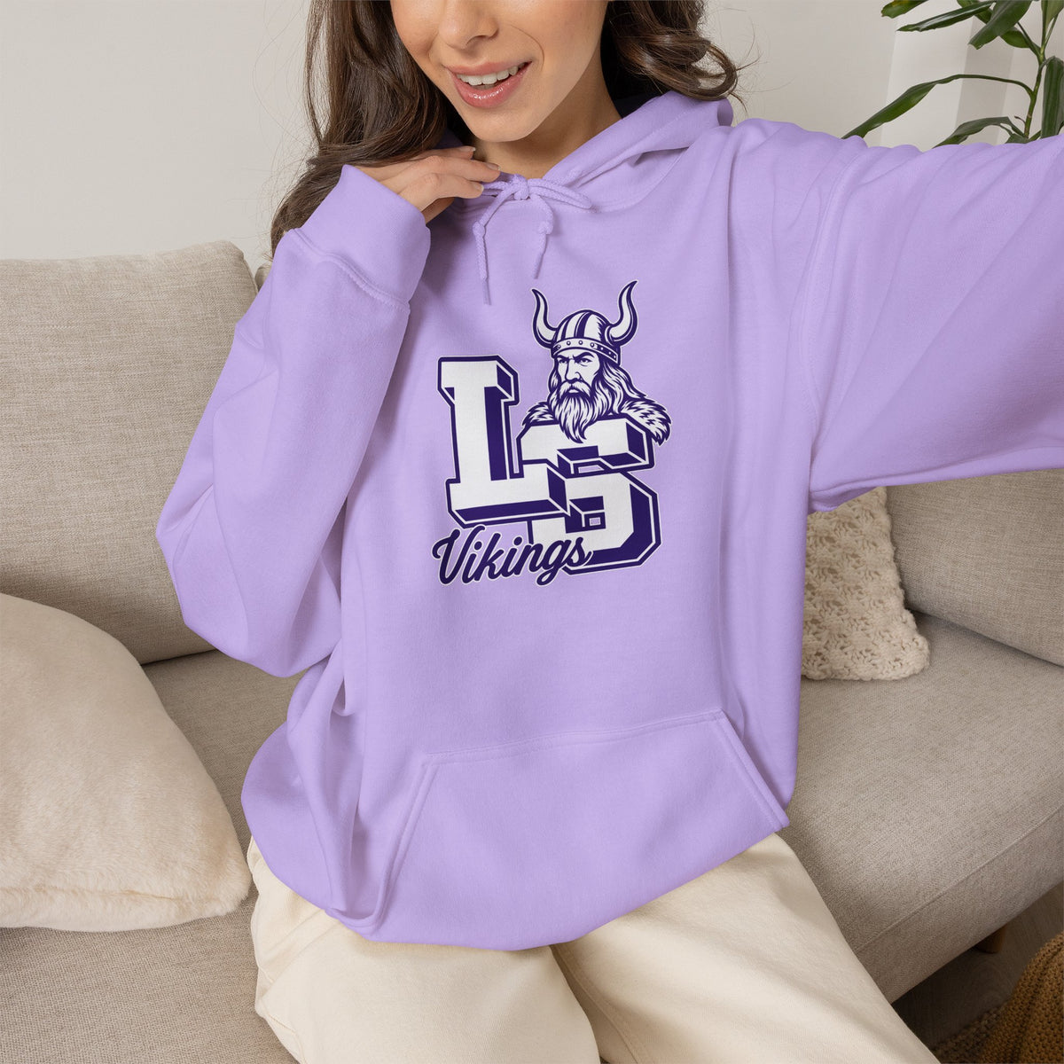 Vikings LS Logo Hoodie — Purple Viking Mascot School Spirit Sweatshirt