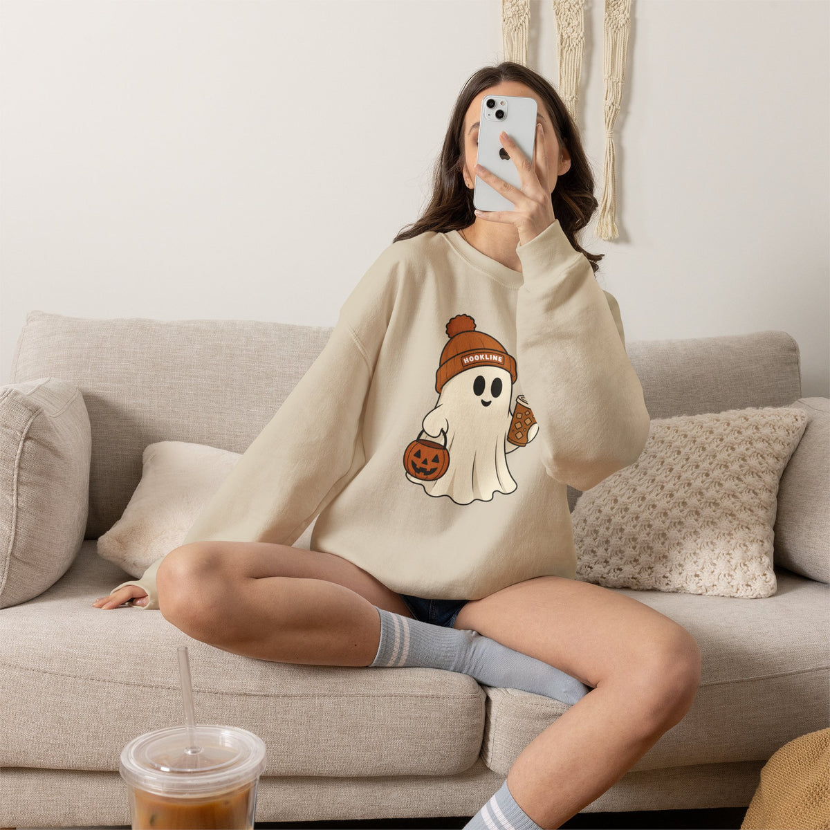 Halloween Ghost Sweatshirt — Cute Ghost with Pumpkin & Coffee Crewneck