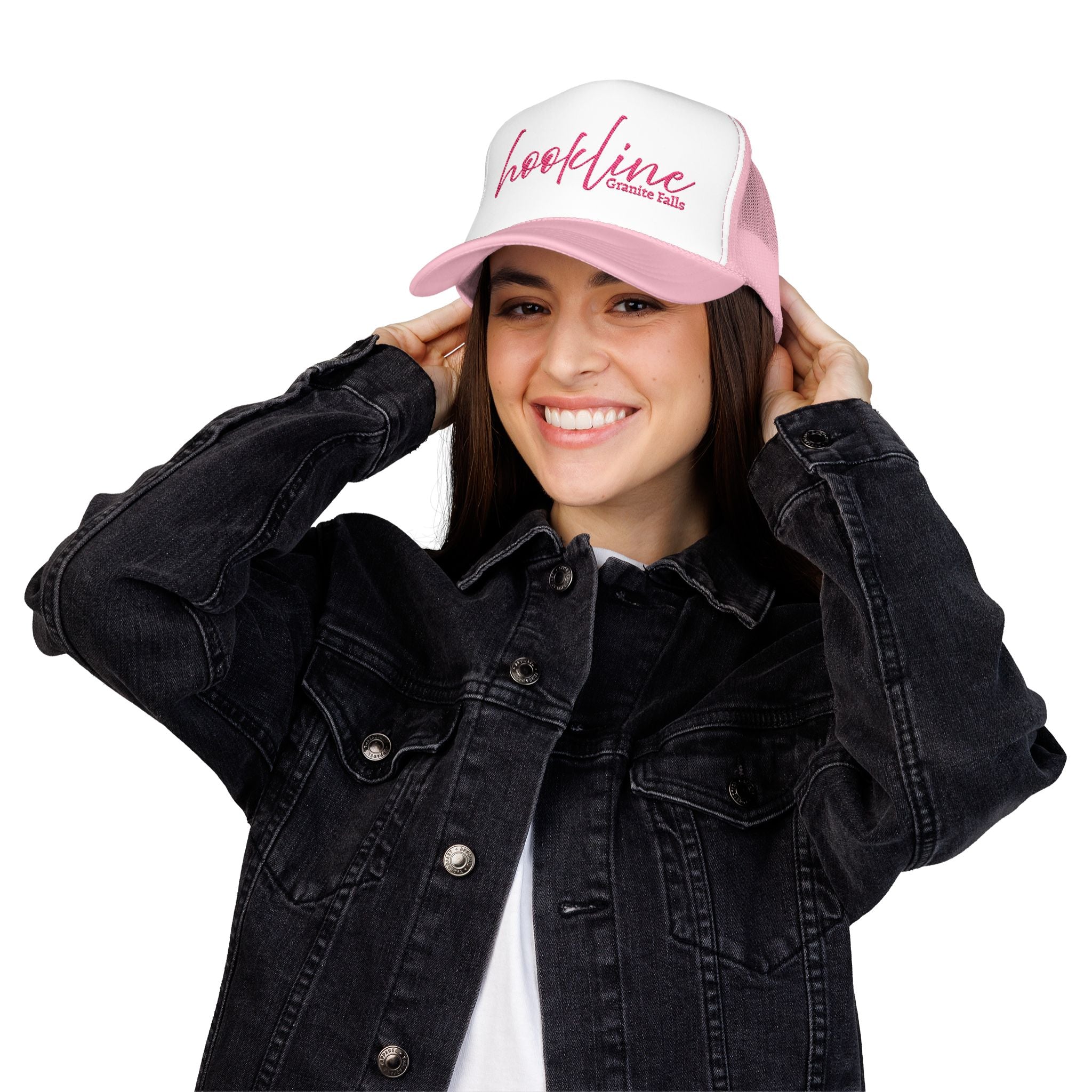 Hookline Granite Falls Trucker Hat — Retro Pink Script Foam Cap