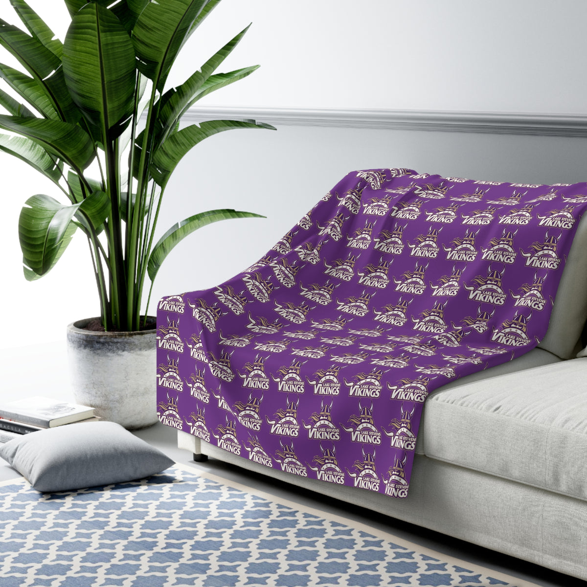Lake Stevens Sherpa Fleece Blanket — Purple Vikings Repeat Logo Cozy Throw