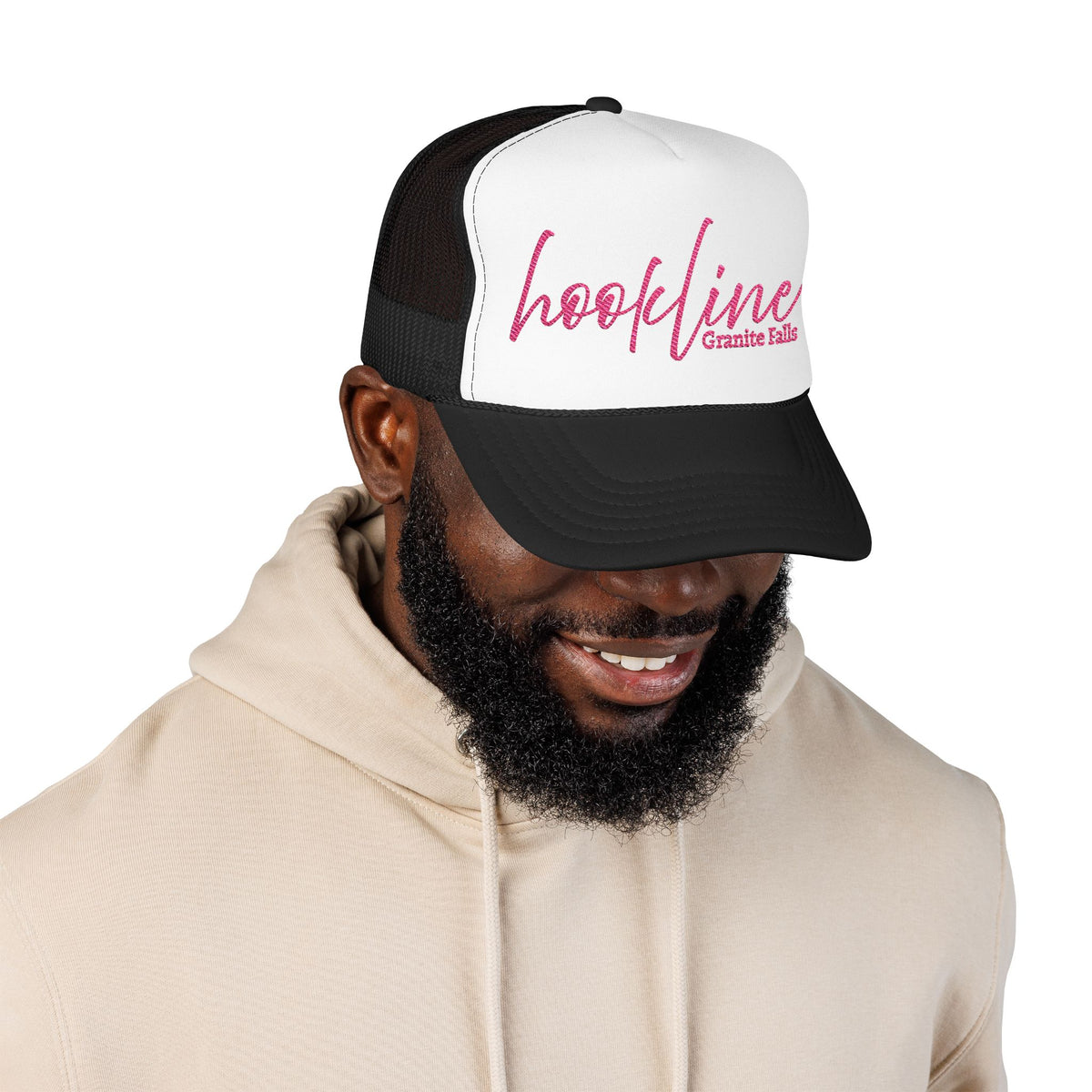 Hookline Granite Falls Trucker Hat — Retro Pink Script Foam Cap