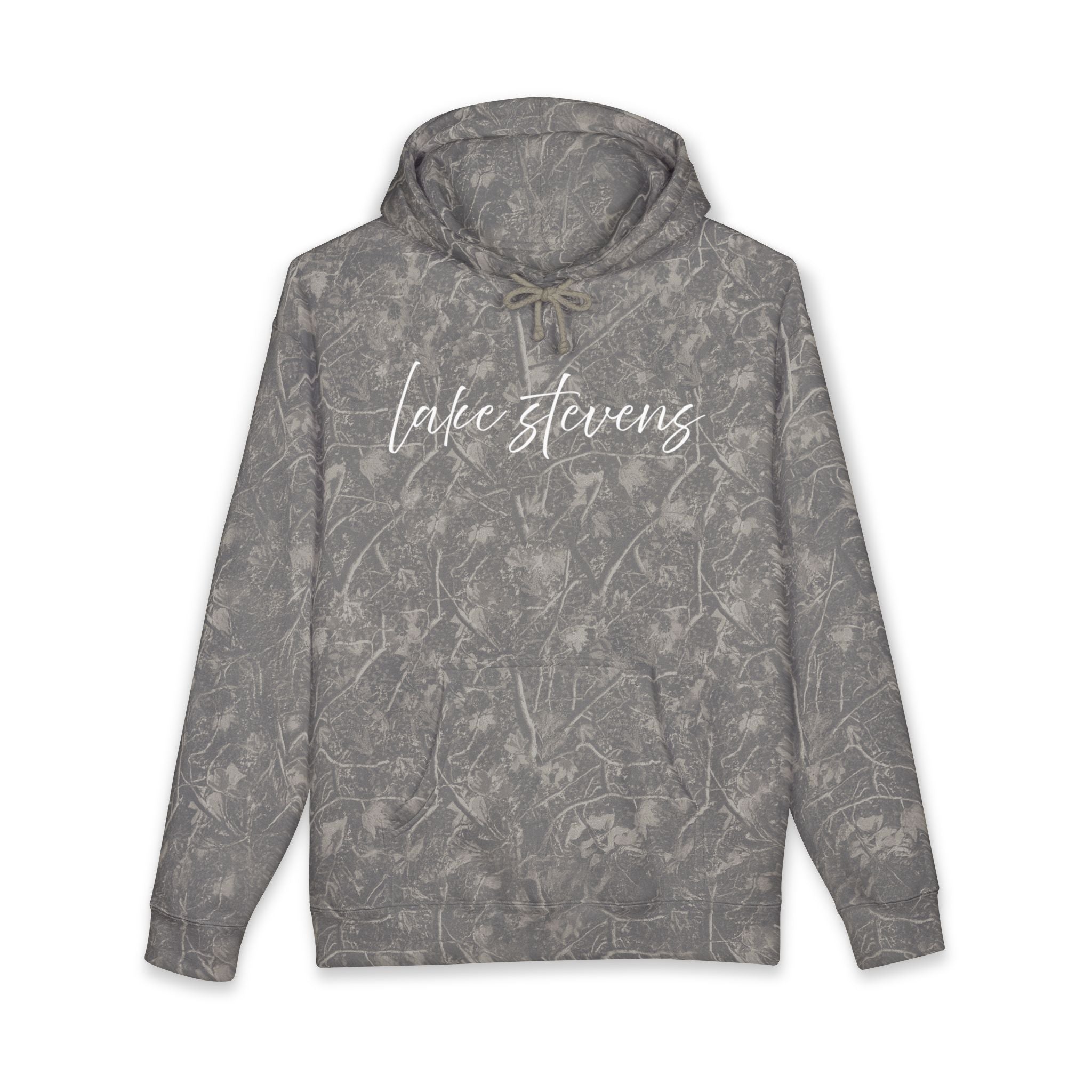 Lake Stevens Hoodie — Rustic Camouflage Script Pullover