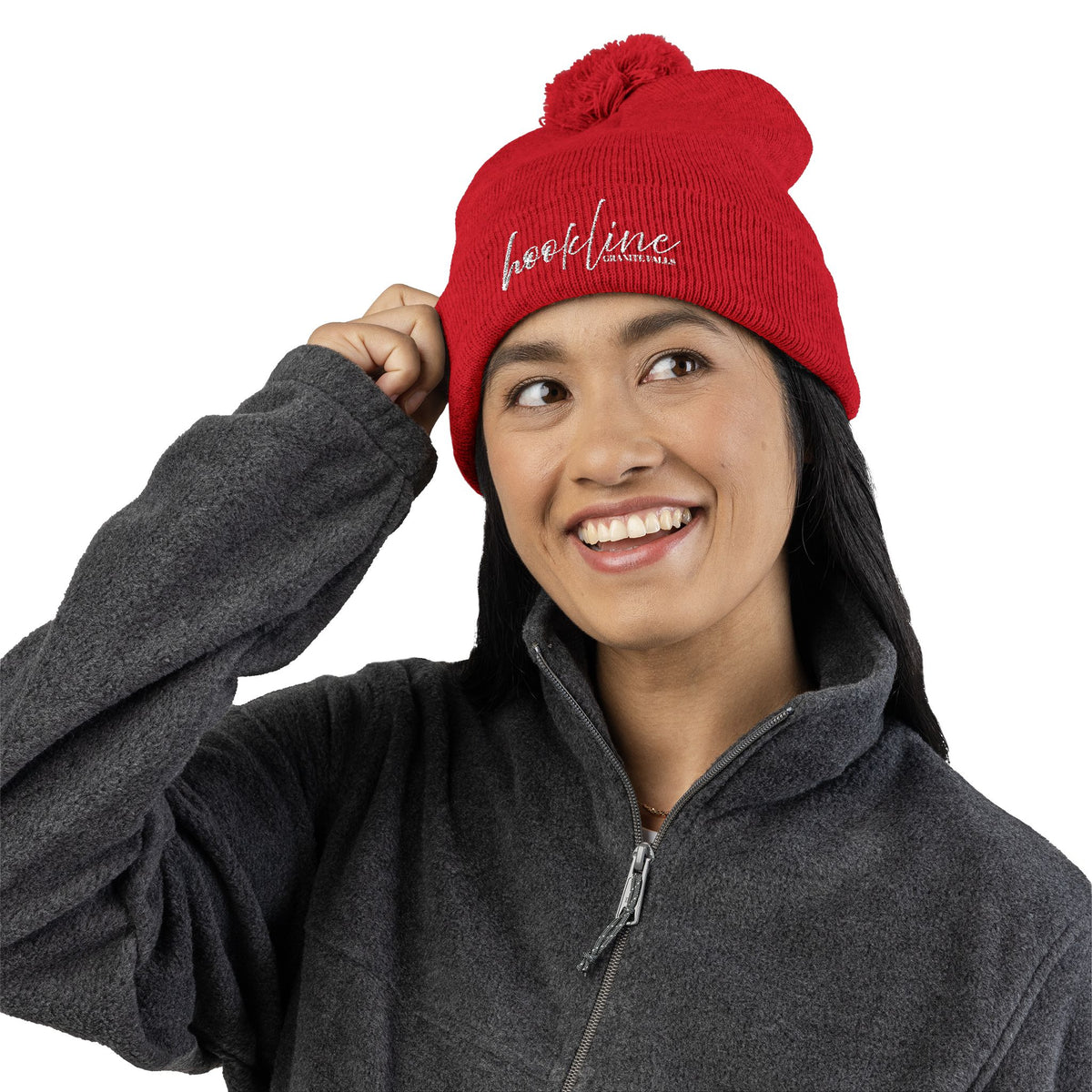 Embroidered Pom-Pom Knit Cap — 'hookline' Script Beanie, Cozy Winter Hat