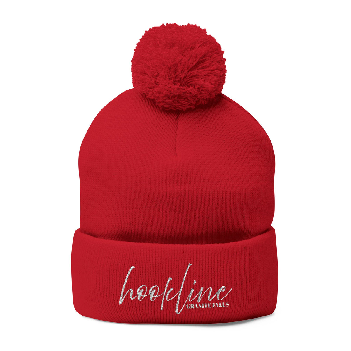 Embroidered Pom-Pom Knit Cap — 'hookline' Script Beanie, Cozy Winter Hat