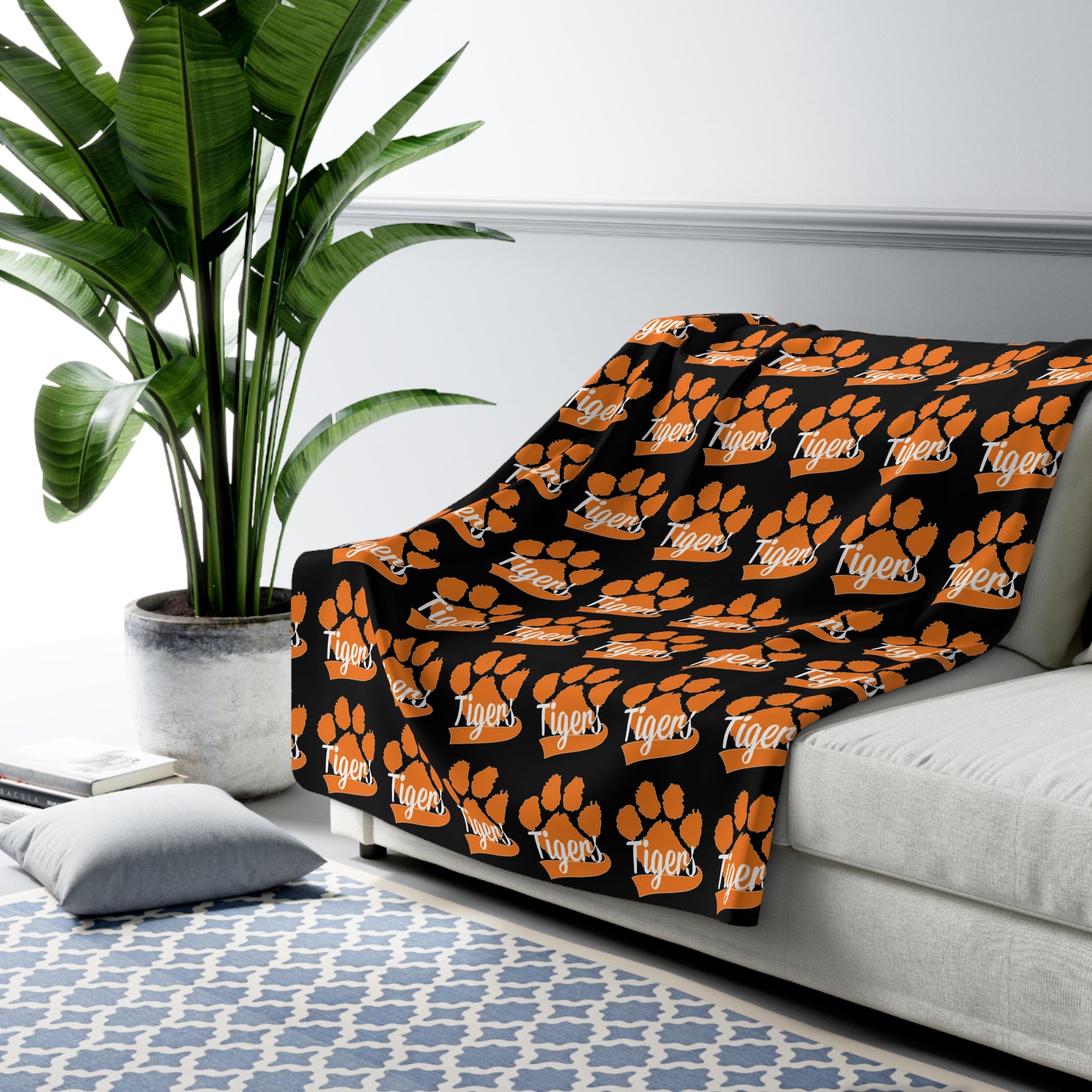 Granite Falls Tigers Sherpa Fleece Blanket — Black Tiger Repeat Logo Cozy Throw