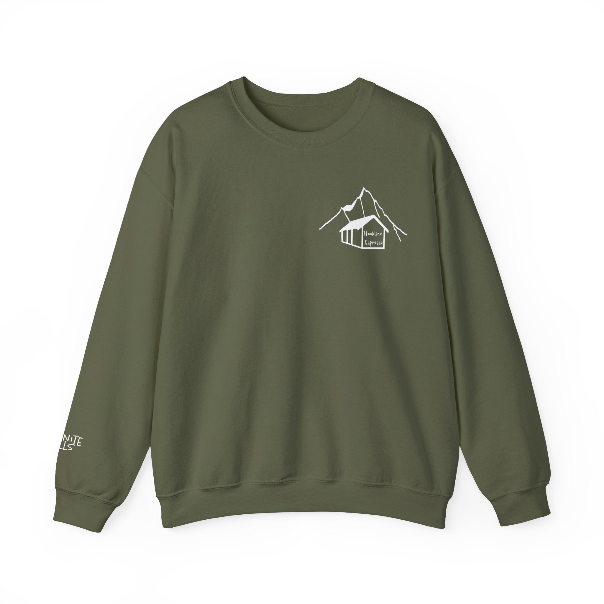 Hookline Small Classic Logo Crewneck Sweatshirt with Granite Falls on the wrist