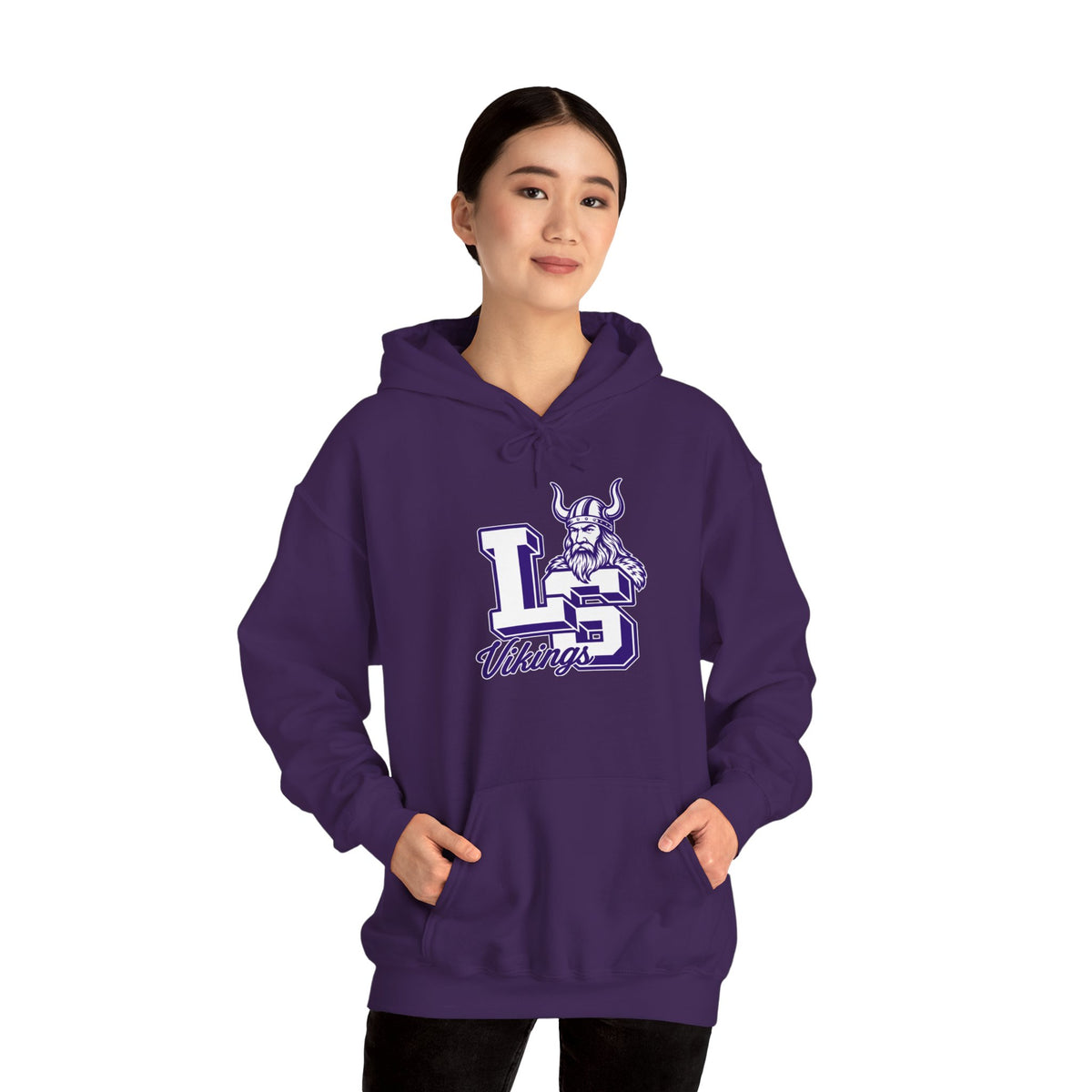 Vikings LS Logo Hoodie — Purple Viking Mascot School Spirit Sweatshirt