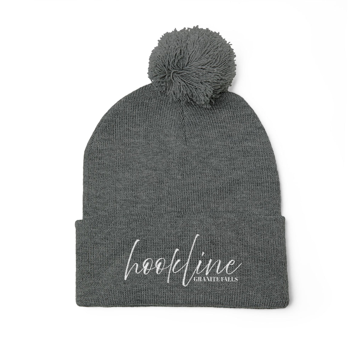 Embroidered Pom-Pom Knit Cap — 'hookline' Script Beanie, Cozy Winter Hat