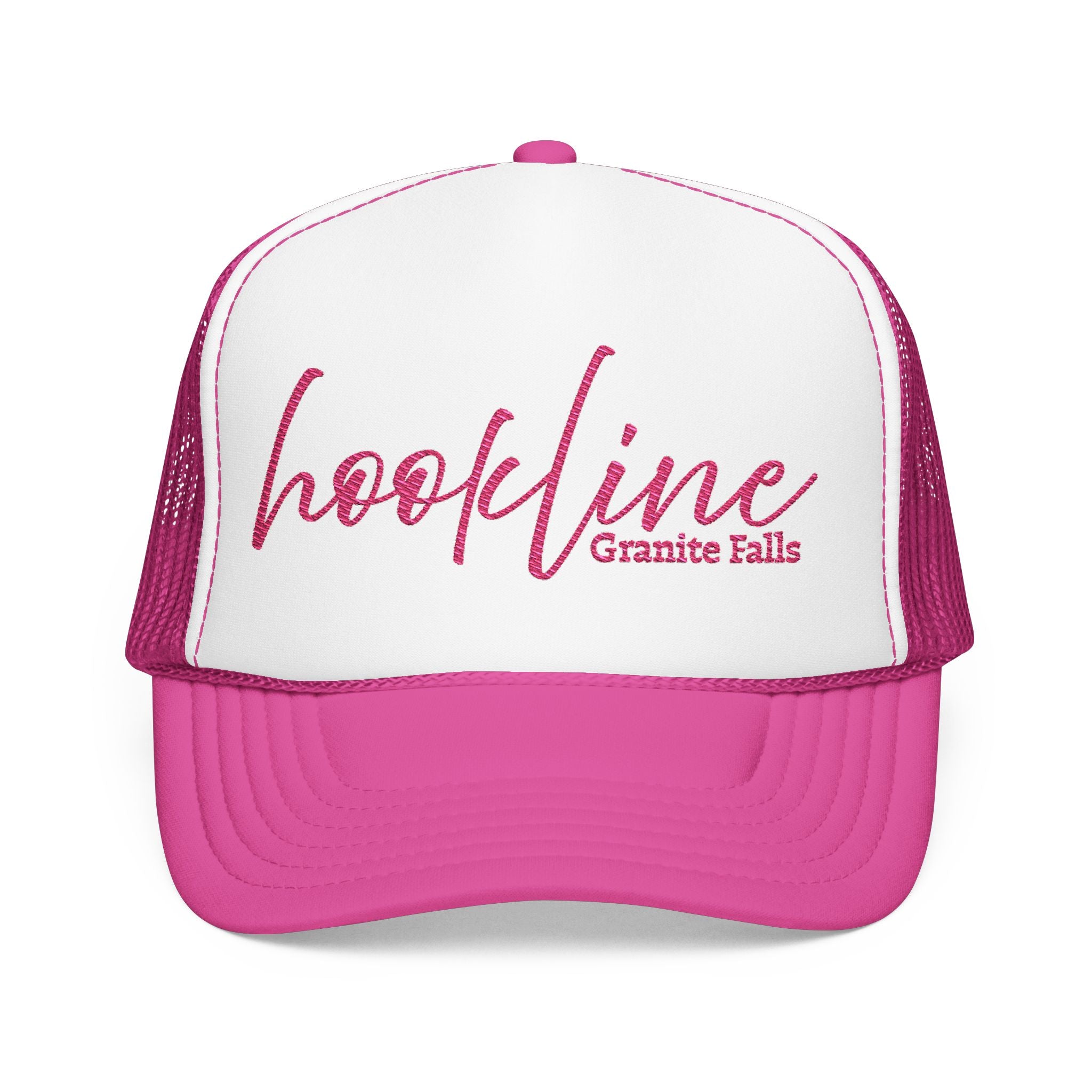 Hookline Granite Falls Trucker Hat — Retro Pink Script Foam Cap