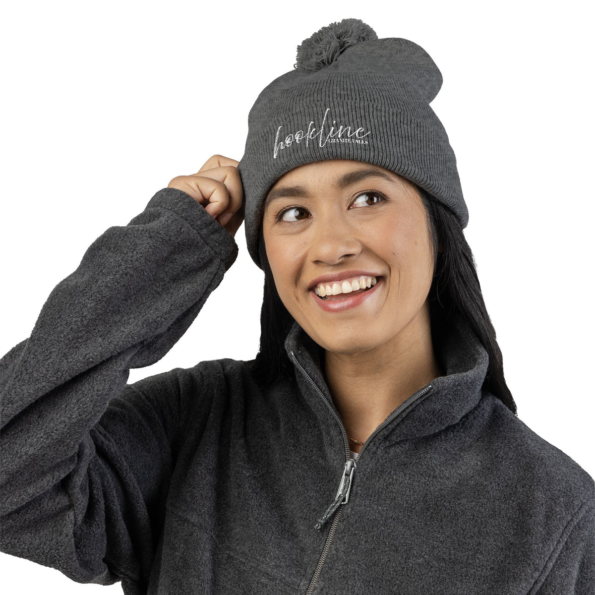Embroidered Pom-Pom Knit Cap — 'hookline' Script Beanie, Cozy Winter Hat