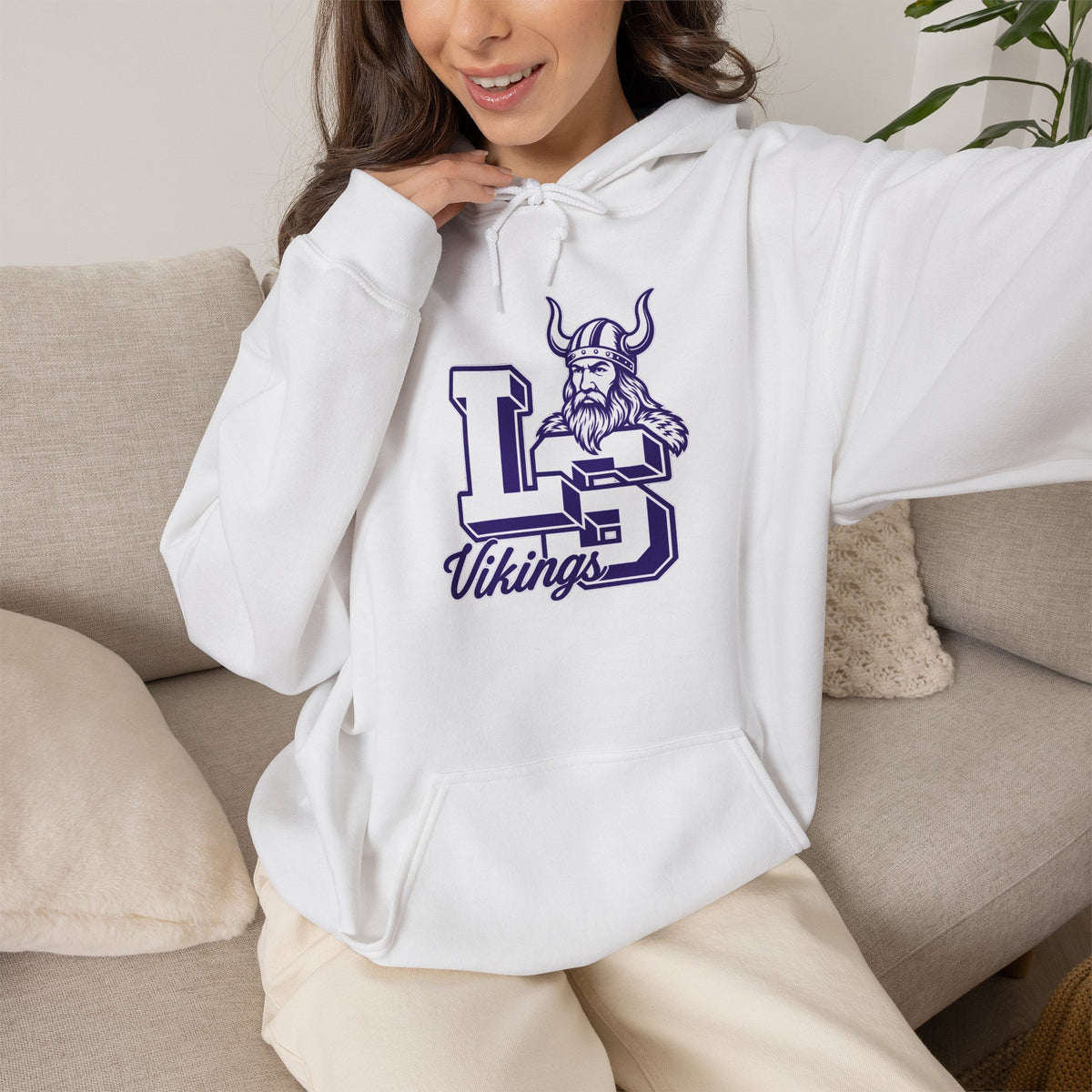 Vikings LS Logo Hoodie — Purple Viking Mascot School Spirit Sweatshirt