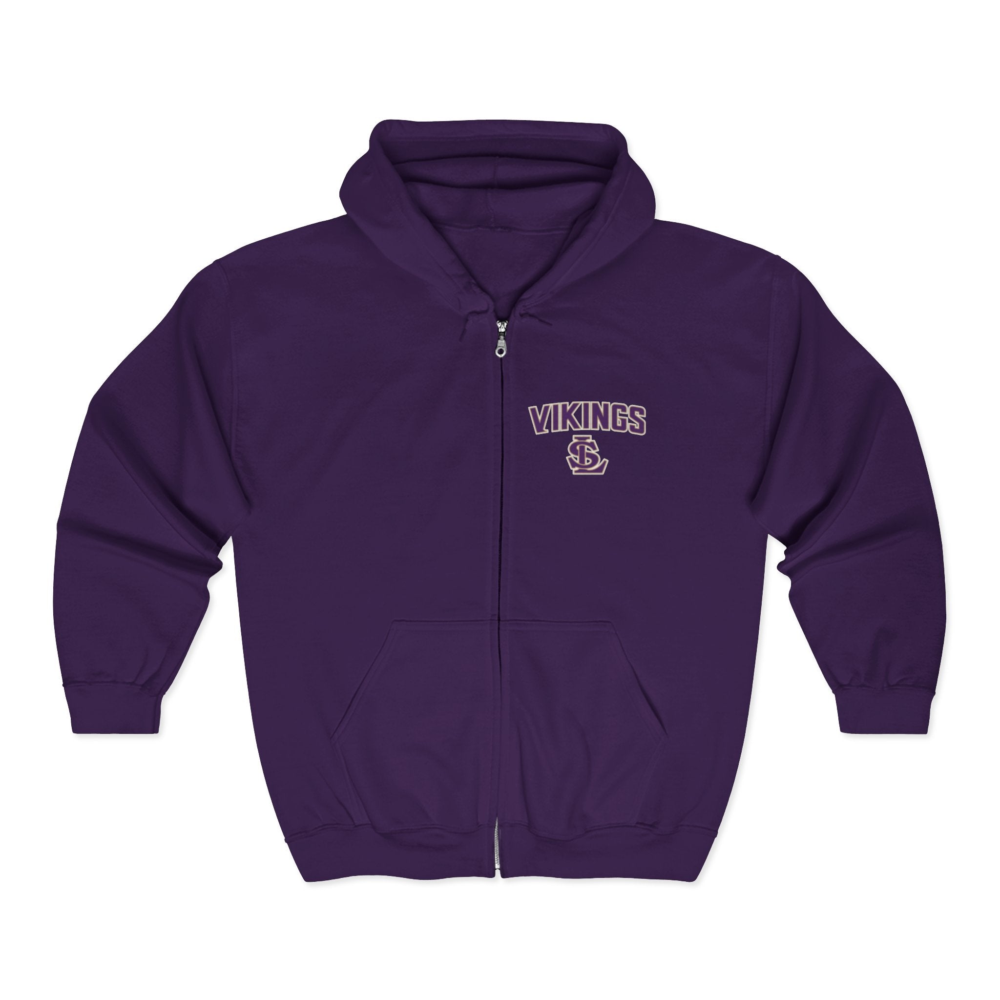 Vikings Full-Zip Hoodie — Small Chest Logo School Spirit Jacket