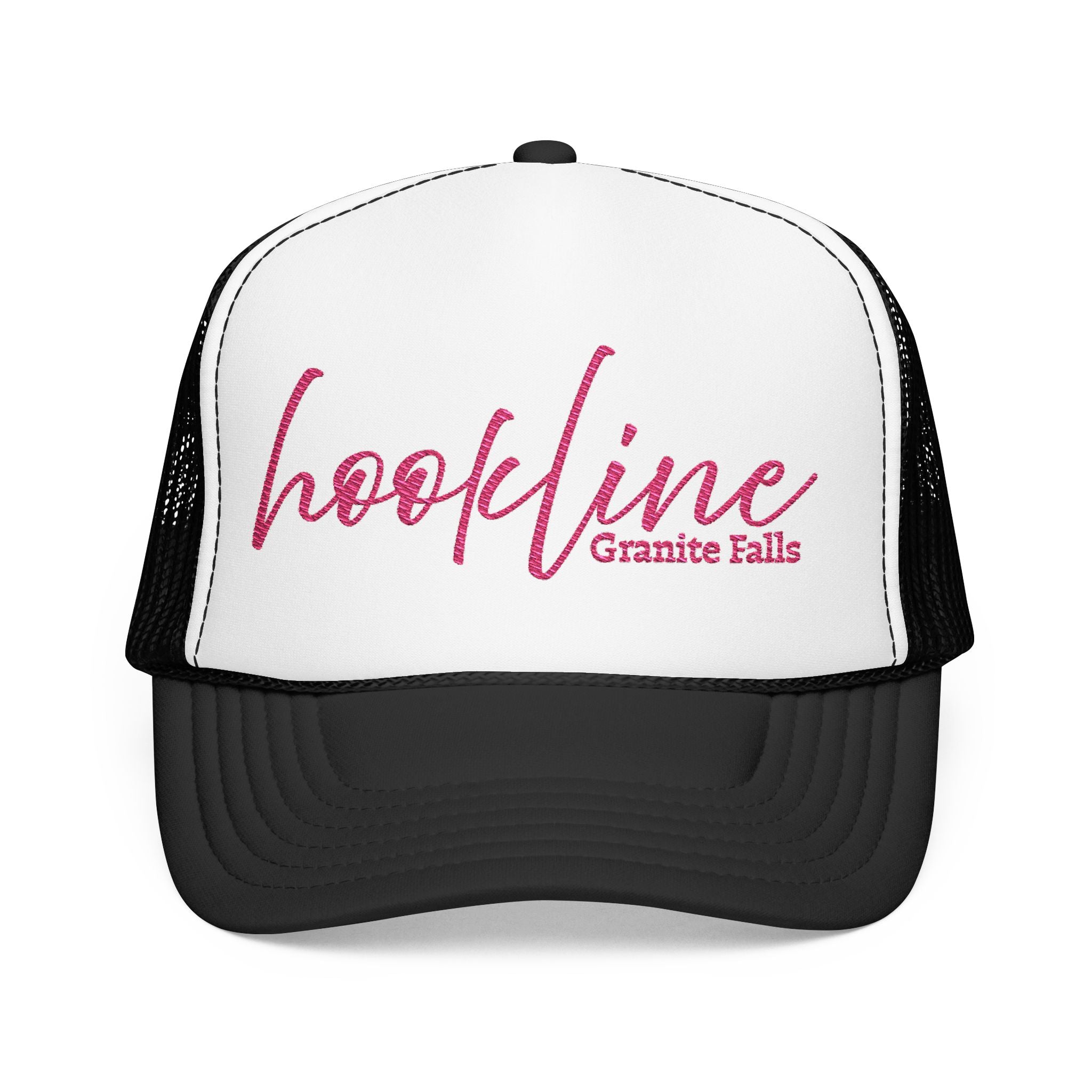 Hookline Granite Falls Trucker Hat — Retro Pink Script Foam Cap