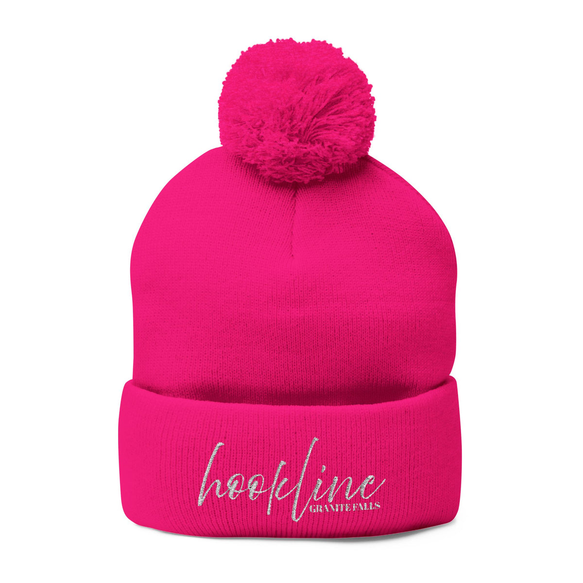 Embroidered Pom-Pom Knit Cap — 'hookline' Script Beanie, Cozy Winter Hat
