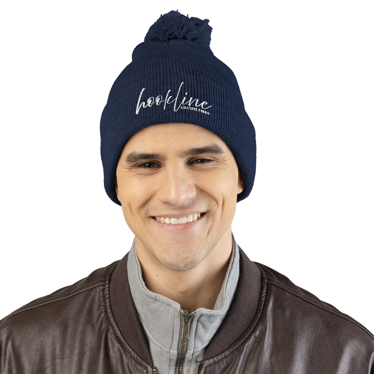 Embroidered Pom-Pom Knit Cap — 'hookline' Script Beanie, Cozy Winter Hat