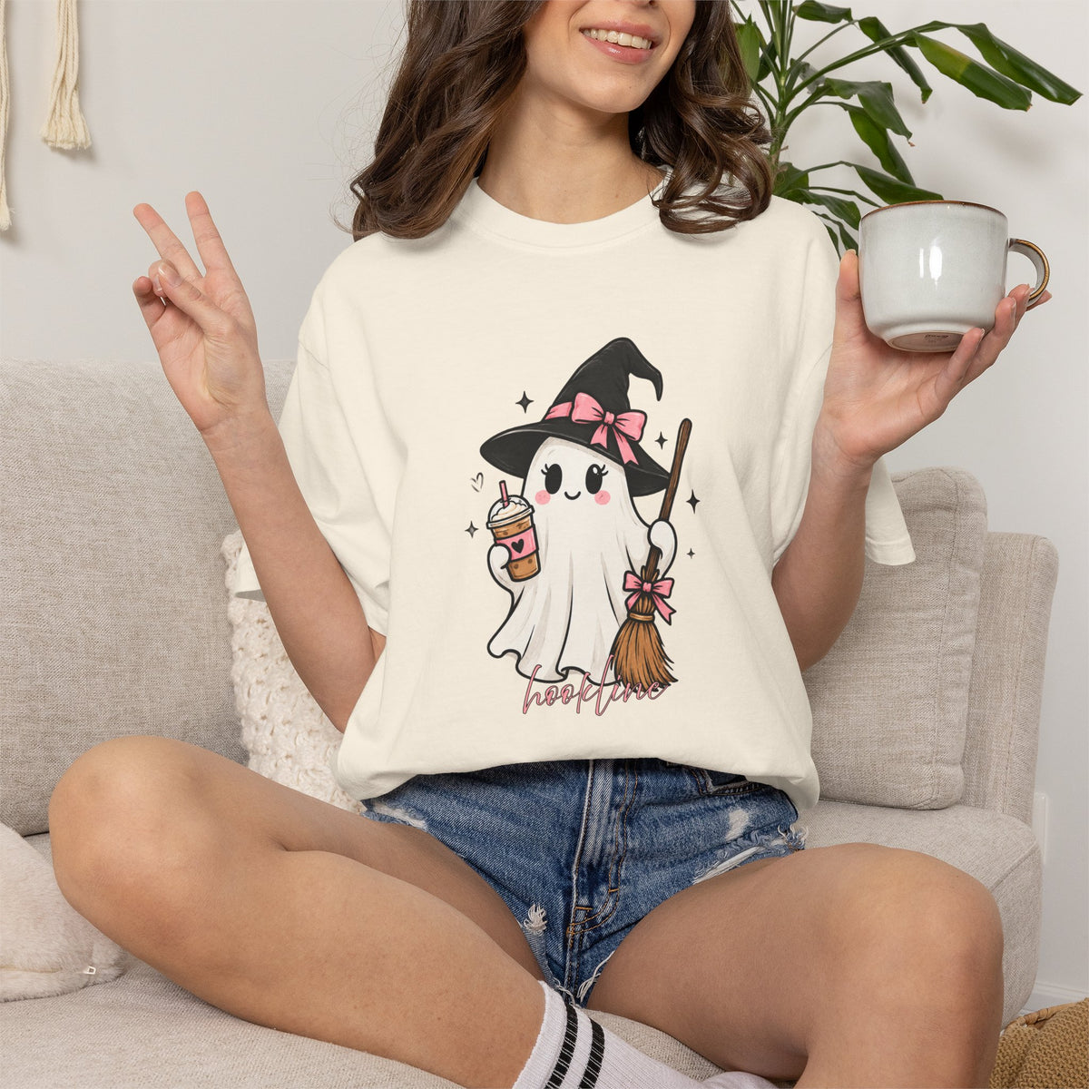 Cute Hookline Witch Ghost T‑Shirt