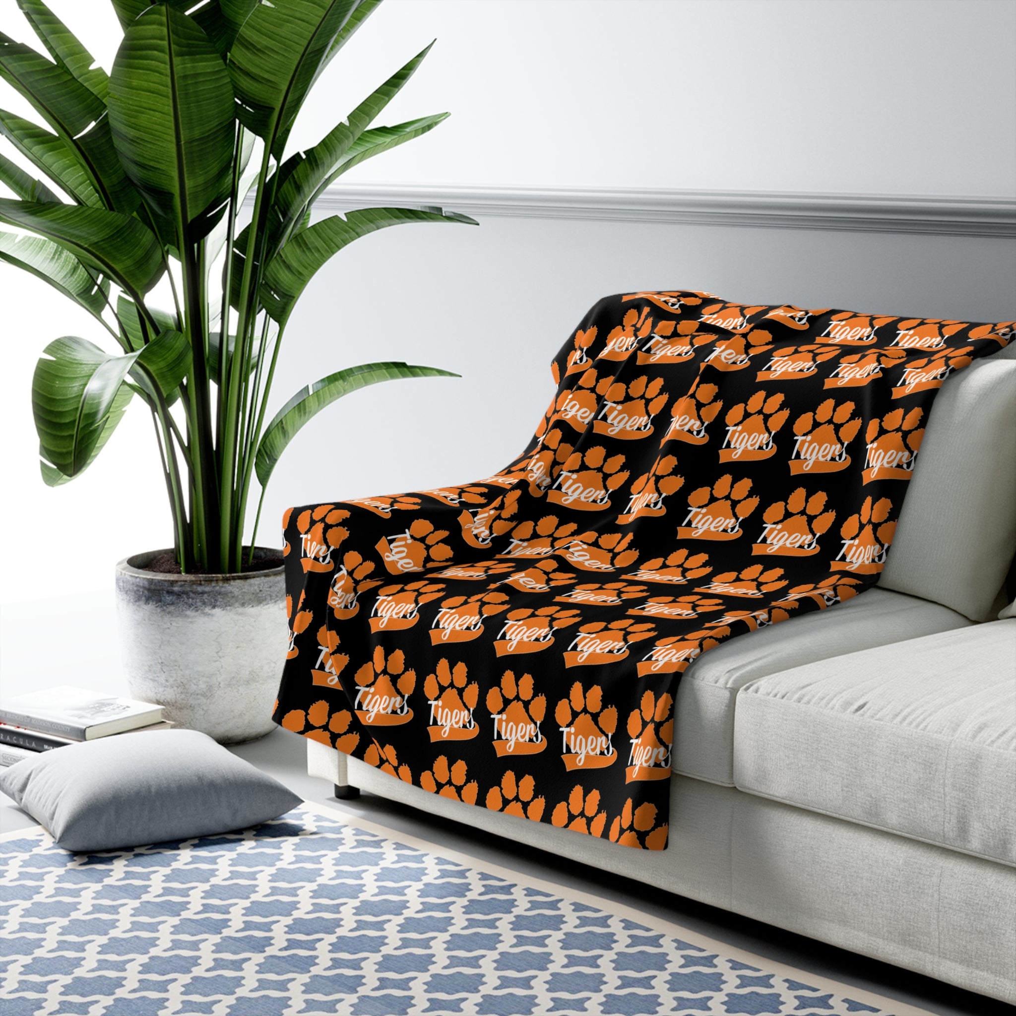 Granite Falls Tigers Sherpa Fleece Blanket — Black Tiger Repeat Logo Cozy Throw