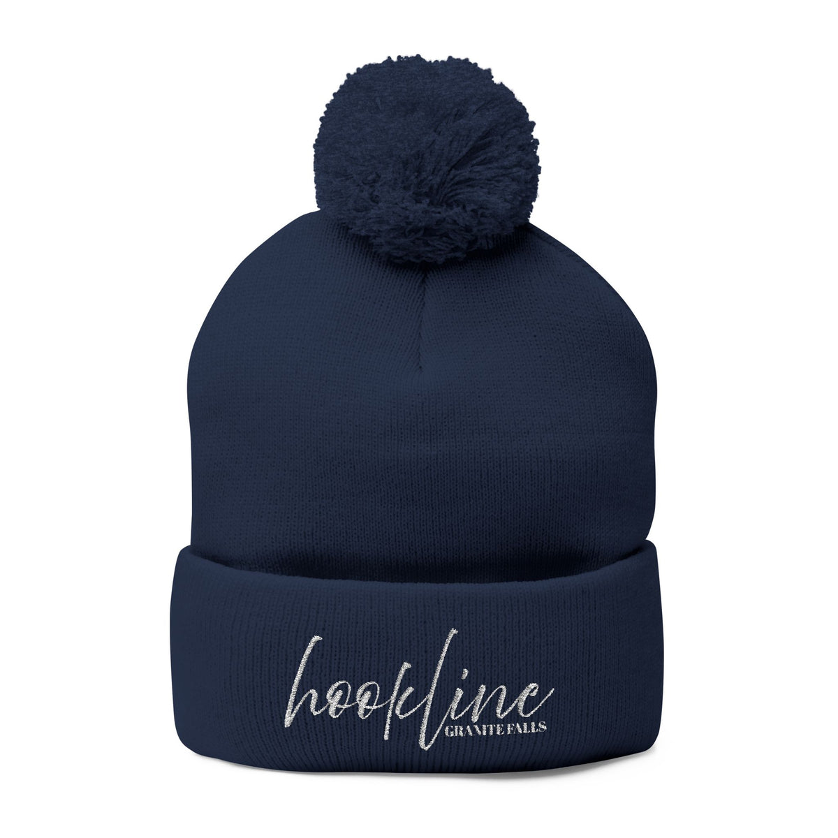 Embroidered Pom-Pom Knit Cap — 'hookline' Script Beanie, Cozy Winter Hat