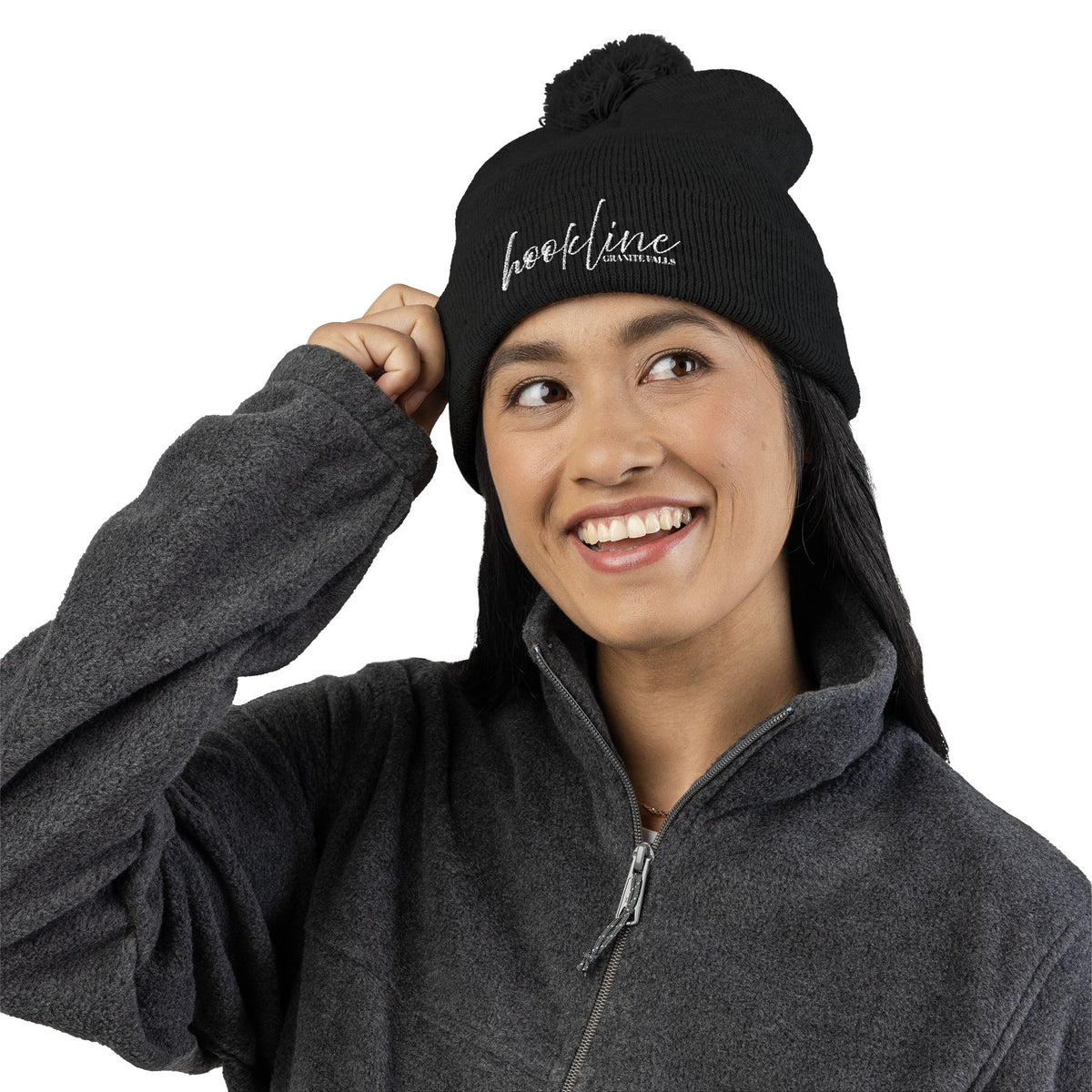 Embroidered Pom-Pom Knit Cap — 'hookline' Script Beanie, Cozy Winter Hat