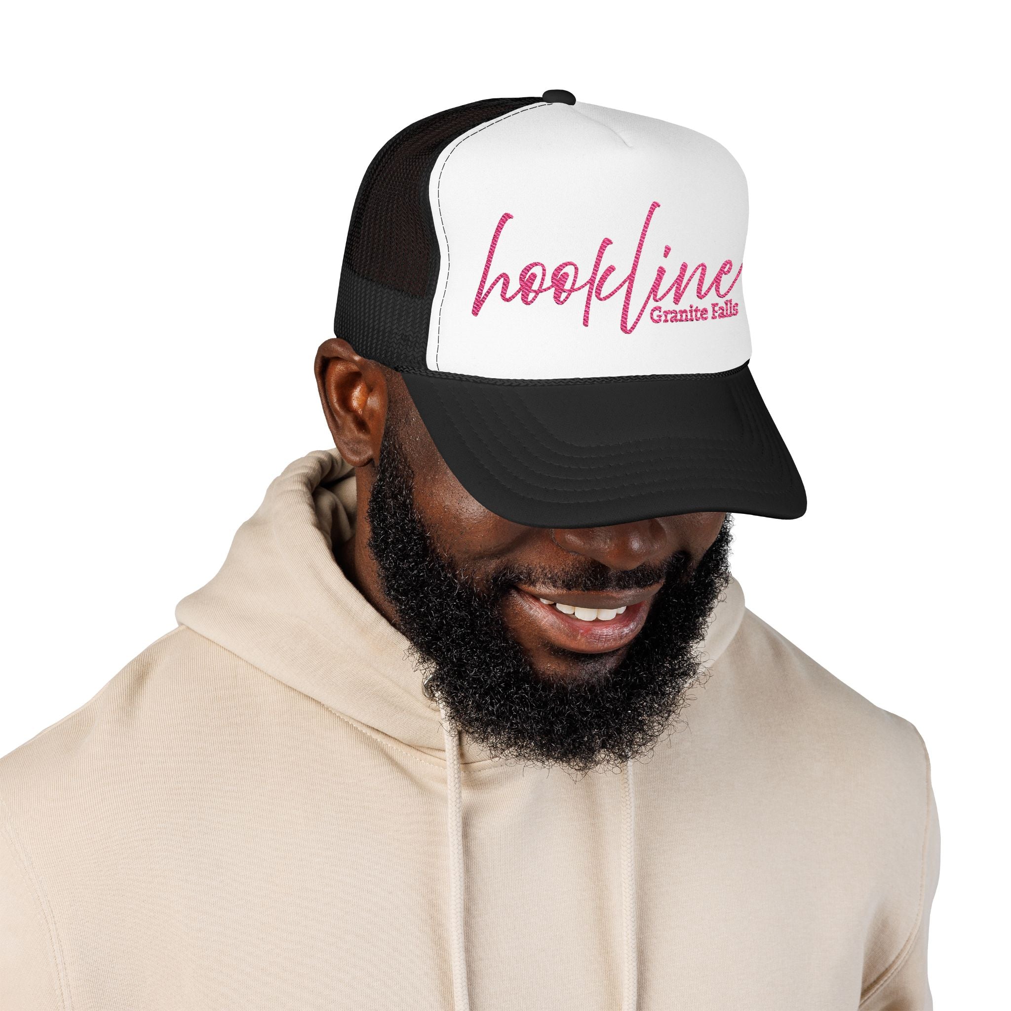 Hookline Granite Falls Trucker Hat — Retro Pink Script Foam Cap